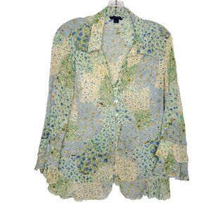 Floral Crinkle Ruffle Blouse L Green Blue Watercolor Abstract Boho Vintage Y2K
